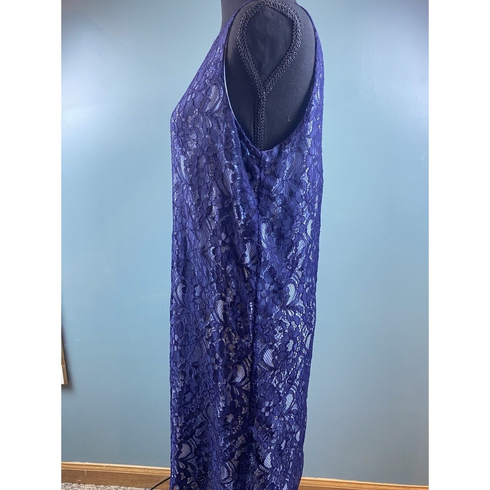 Navy‎ Blue Floral Lace Sleeveless Shift Dress Round Neck Midi Elegant Cocktail - Picture 7 of 16